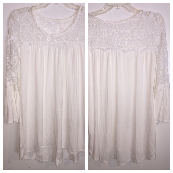 KATE & MALLORY Knit Top Lace Crochet Bodice Bell Sleeve High Low Hem Loose Fit - Picture 4 of 9